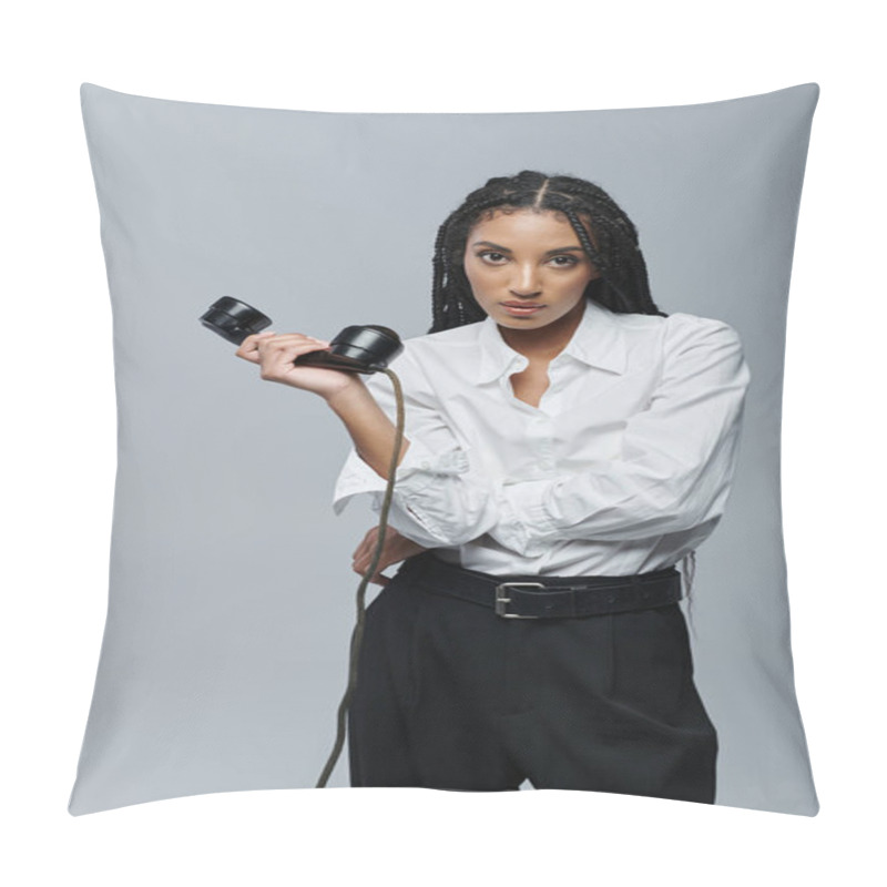 Personality  A Stylish Young Woman With Braids Poses Confidently, Holding A Classic Rotary Phone Against A Grey Backdrop. Pillow Covers