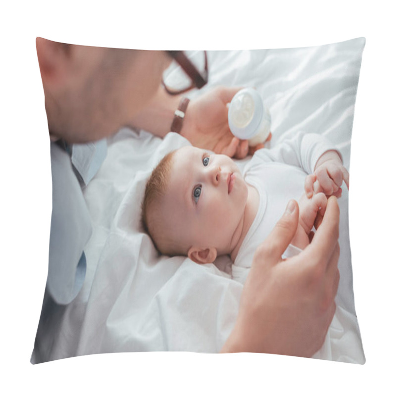 Personality  Overhead View Of Father Holding Baby Bottle With Milk Near Adorable Little Son Pillow Covers