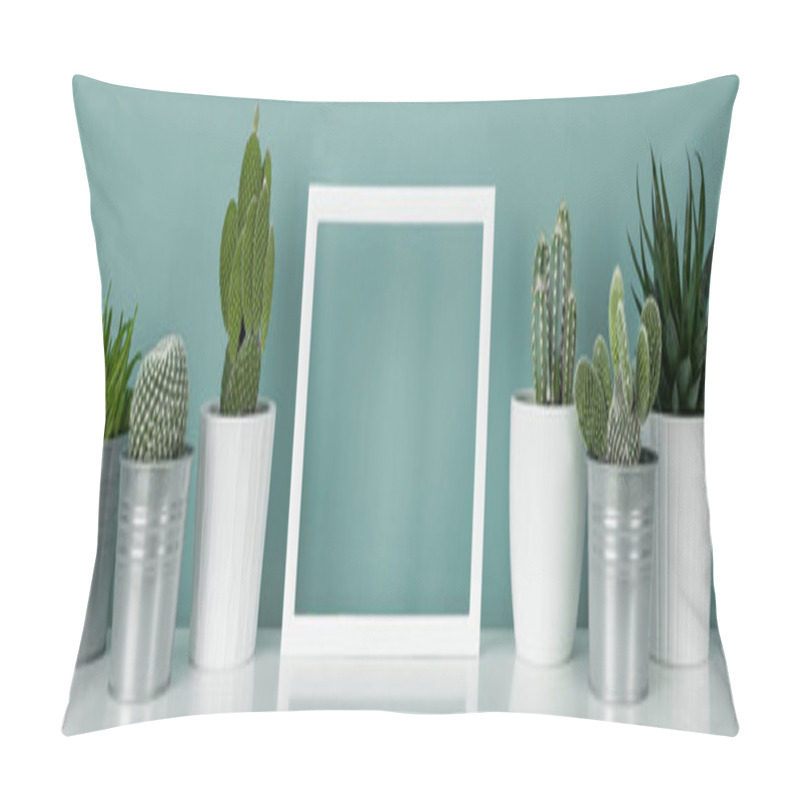 Personality  Collection Of Various Cactus And Succulent Plants In Different Pots. Potted House Plants On White Shelf Against Turquoise Colored Wall And Picture Frame Mock Up Banner. Pillow Covers