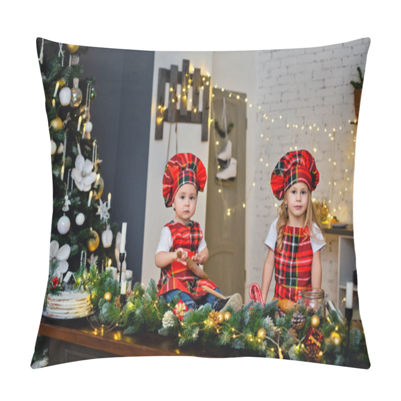 Personality  A Child In A Chef's Hat And Apron Prepares Cookie Dough For Christmas. Children Prepare Sweets In The Kitchen With A Christmas Tree On A Snowy Winter Day. Pillow Covers