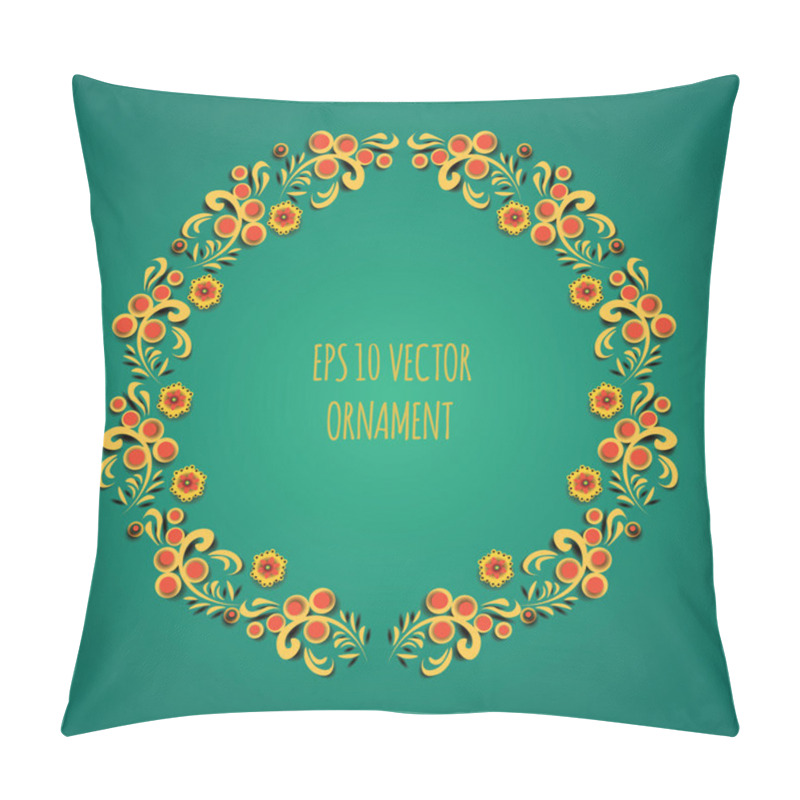 Personality  Vector Wreath Illlustration Of Traditional Folk Russian Floral Old Ornament Named Khokhloma On Green Background Pillow Covers