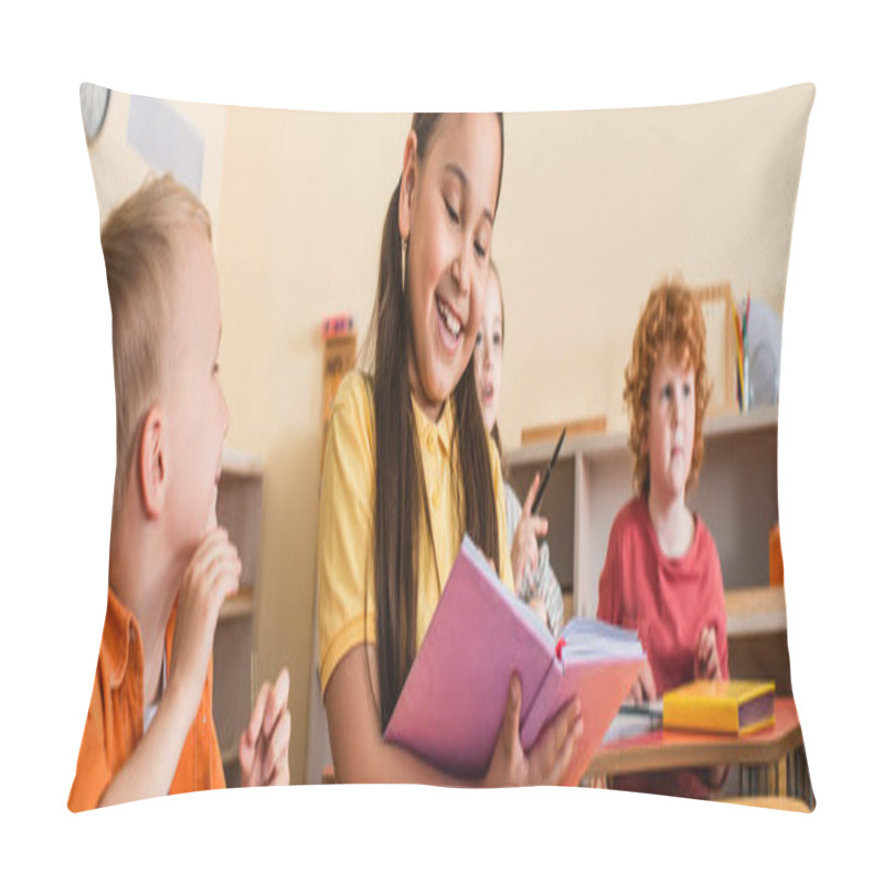 Personality  Cheerful Asian Girl Reading Book Near Kids During Lesson, Banner Pillow Covers