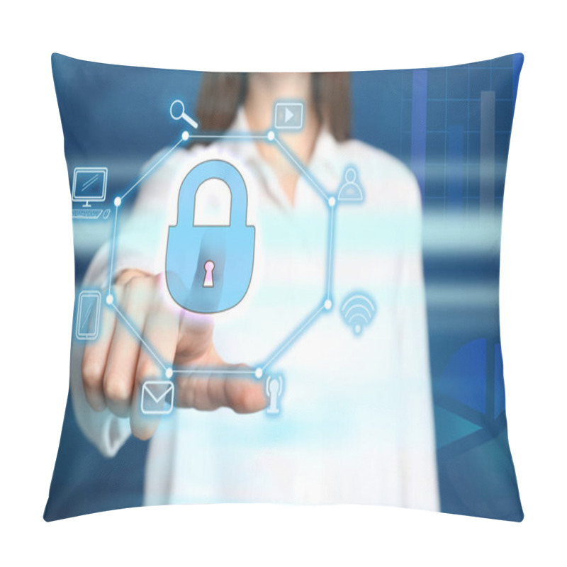 Personality  Home Security Concept. Woman Touching Digital Lock Symbol, Closeup Pillow Covers