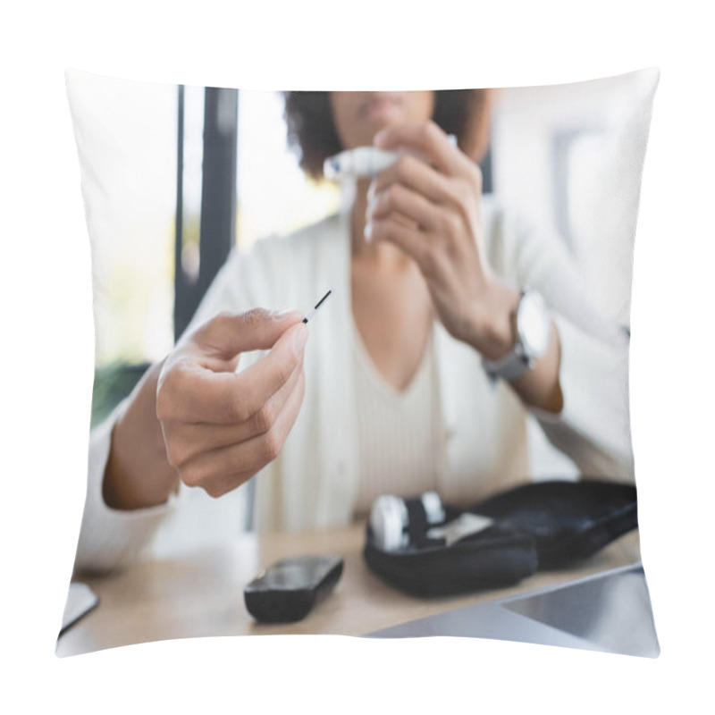 Personality  Cropped View Of Blurred African American Woman Holding Test Strip Of Glucometer In Office  Pillow Covers