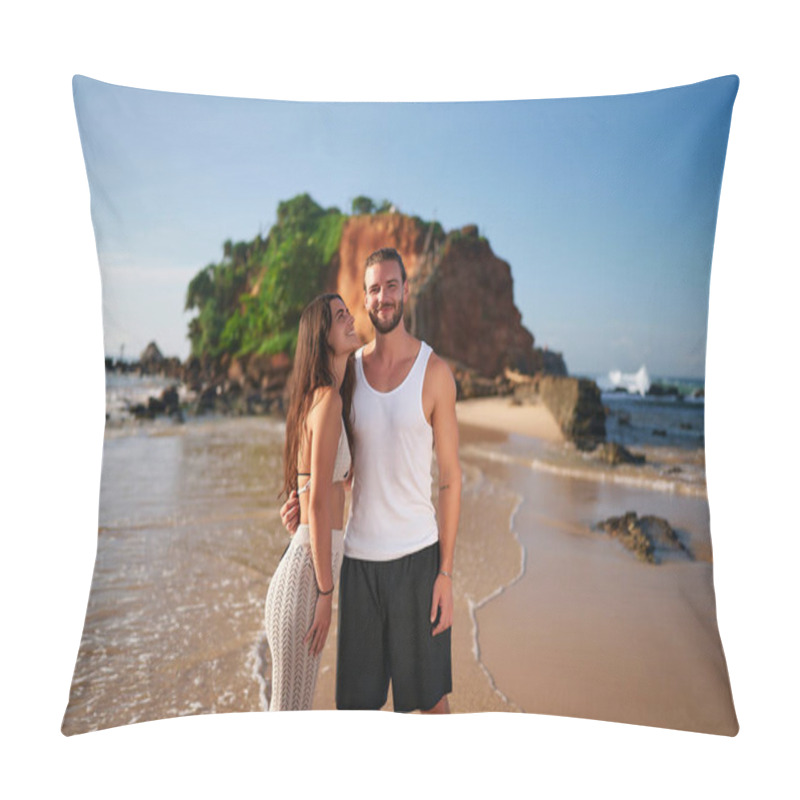 Personality  Man And Woman Enjoy Romantic Tropical Getaway. Happy Couple Embracing On Sandy Beach During Sunset. Vacation, Love, Travel, And Leisure Concept. Smiling Tourists By The Sea, Summer Holiday. Pillow Covers