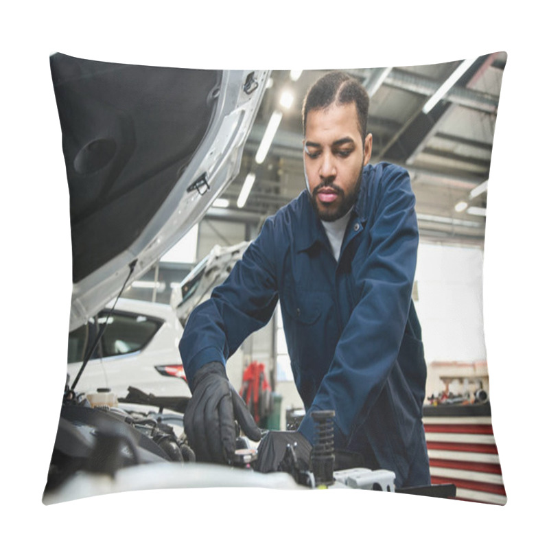 Personality  Handsome Young Mechanic Works Diligently Under The Hood Of A Vehicle In A Busy Garage. Pillow Covers