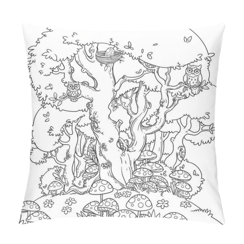 Personality  Line Art Of A Forest Glade With Toadstool And A Large Tree That Is Home To Owls Isolated On A White Background Pillow Covers