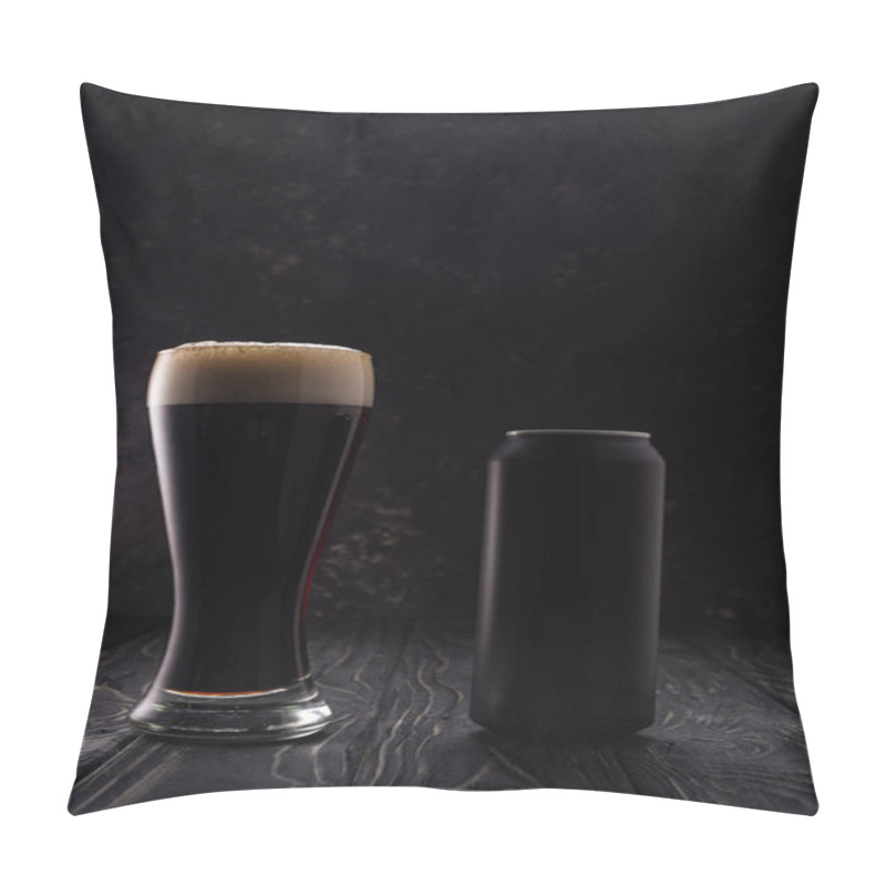 Personality  Glass Of Dark Beer With Foam Near Black Can On Wooden Table Pillow Covers