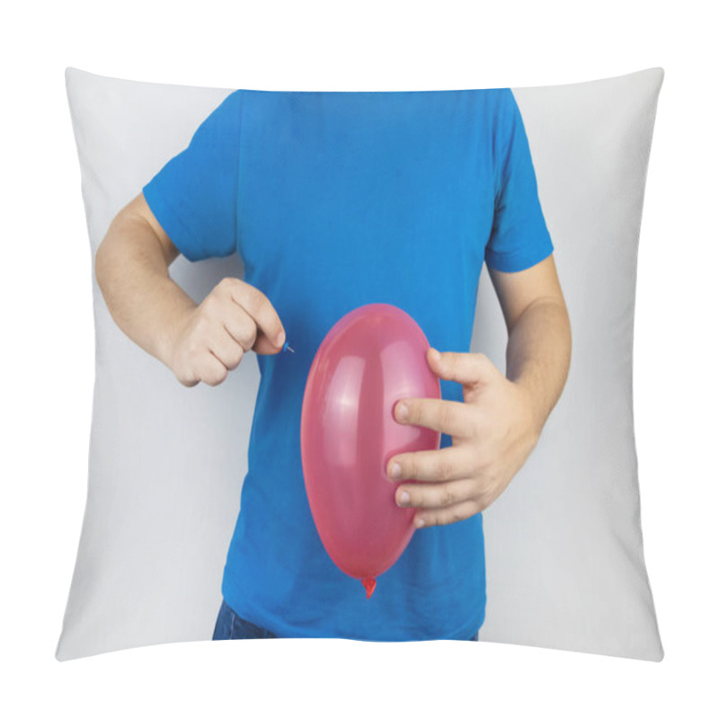 Personality  Conceptual Photography. The Man Holds A Red Ball Near His Belly, Which Symbolizes Bloating And Flatulence. Then He Brings A Needle To It To Burst The Balloon And Thus Get Rid Of The Problem. Pillow Covers