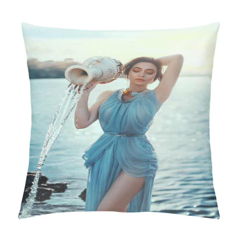 Personality  Art Photo. Portrait Mythical Girl Greek Goddess. Astrological Sign Aquarius. Fantasy Woman Pours Water From Ceramic Clay Jug. Blue Chiffon Old Vintage Long Silk Dress. Fabulous Lake, Magical Sunset Pillow Covers