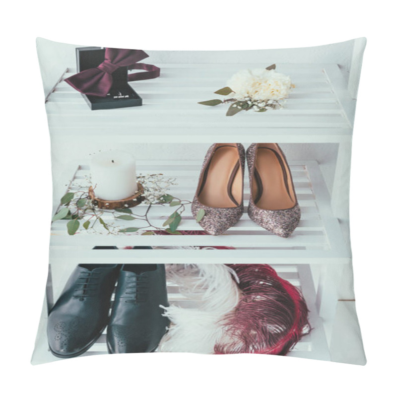 Personality  Close Up View Of Bridal And Grooms Shoes, Candle And Decorative Feathers On Grey Backdrop Pillow Covers