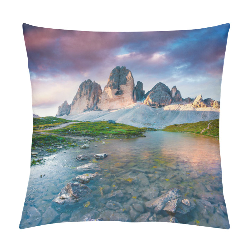 Personality  Colorful Summer Scene On The Lake Rienza - Ursprung In National Park Tre Cime Di Lavaredo. Sunrisi In Dolomite, South Tyrol. Location Auronzo, Italy, Europe. Pillow Covers