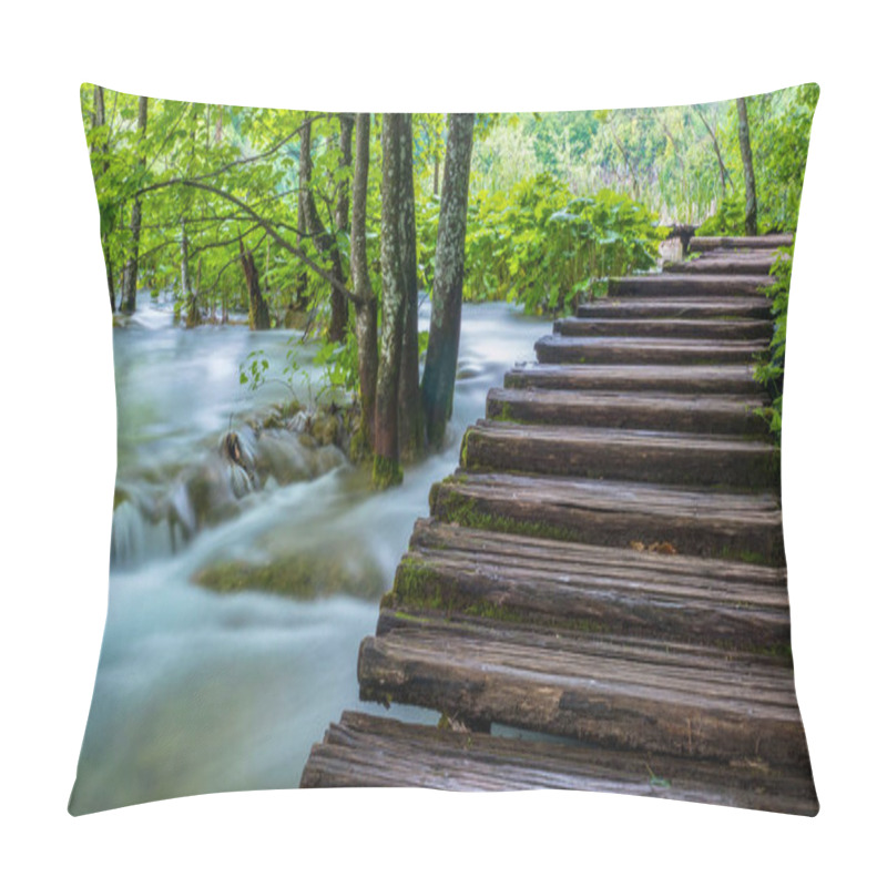 Personality  A Long Exposure Image Of Water Flowing Beside A Wooden Boardwalk In The Green Forest Of Plitvice Lakes National Park In Croatia. Pillow Covers