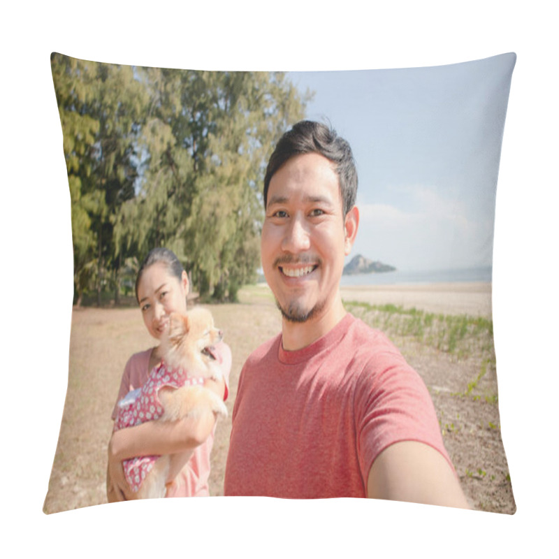 Personality  Happy Asian Couple On The Beach With A Puppy. Pillow Covers