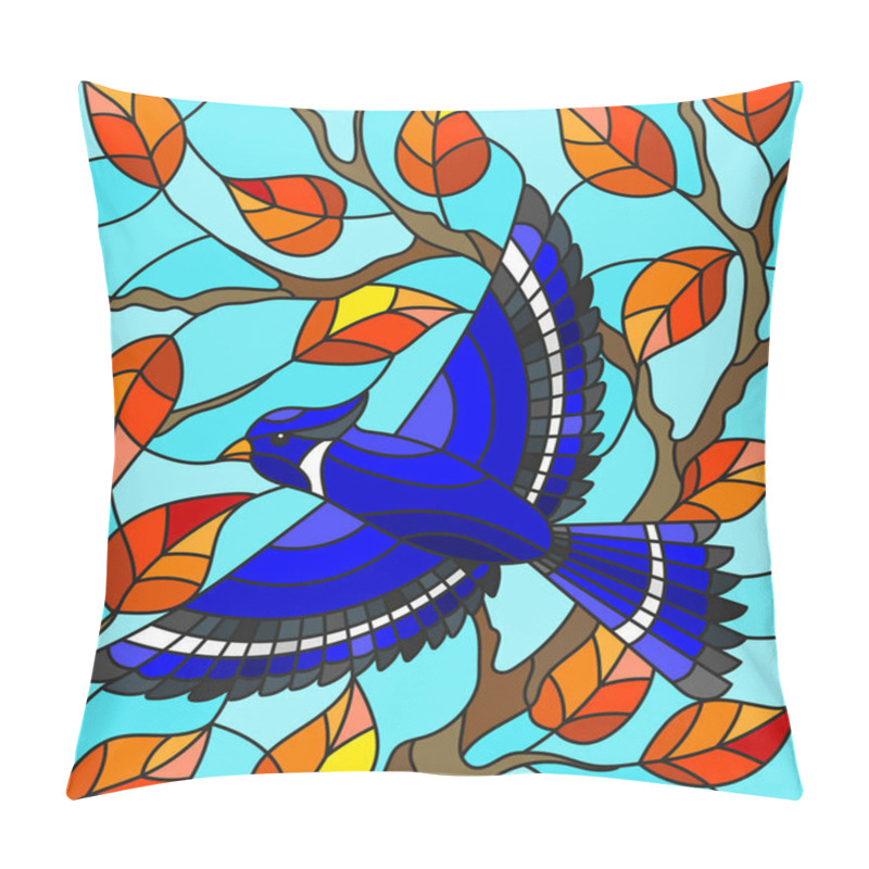 Personality  Illustration In The Style Of Stained Glass With A Beautiful Blue Bird  On A  Background Of Autumn Branch Of Tree And Sky Pillow Covers