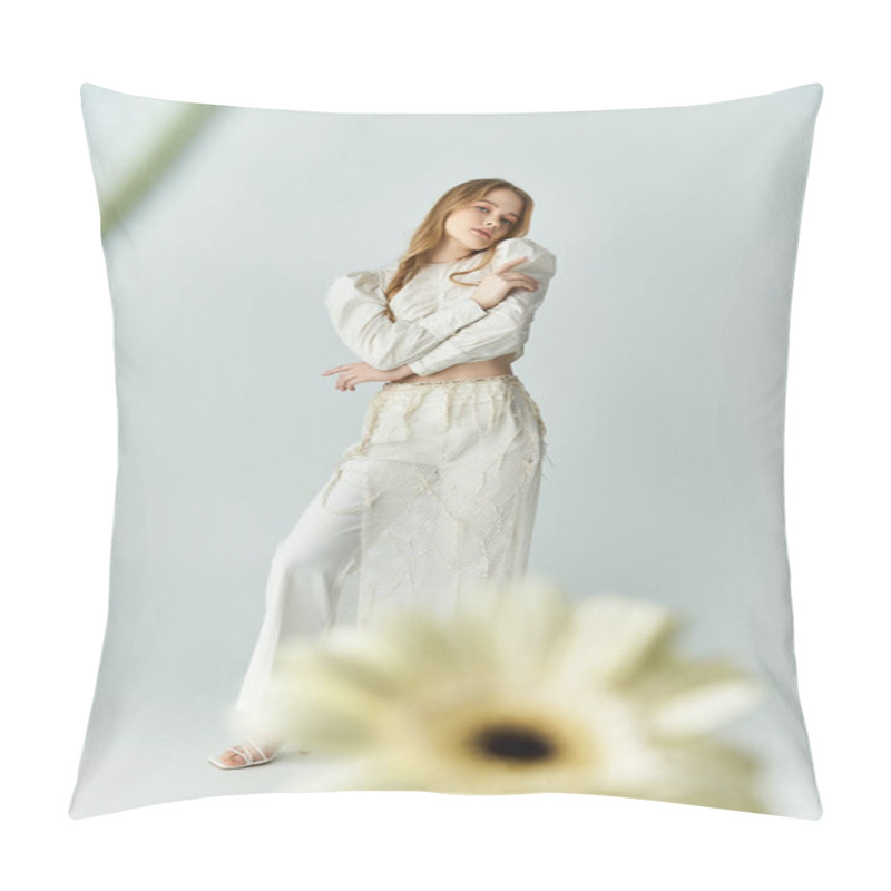 Personality  A Young Woman Poses Serenely, Surrounded By Soft Blooms And Gentle Light. Pillow Covers