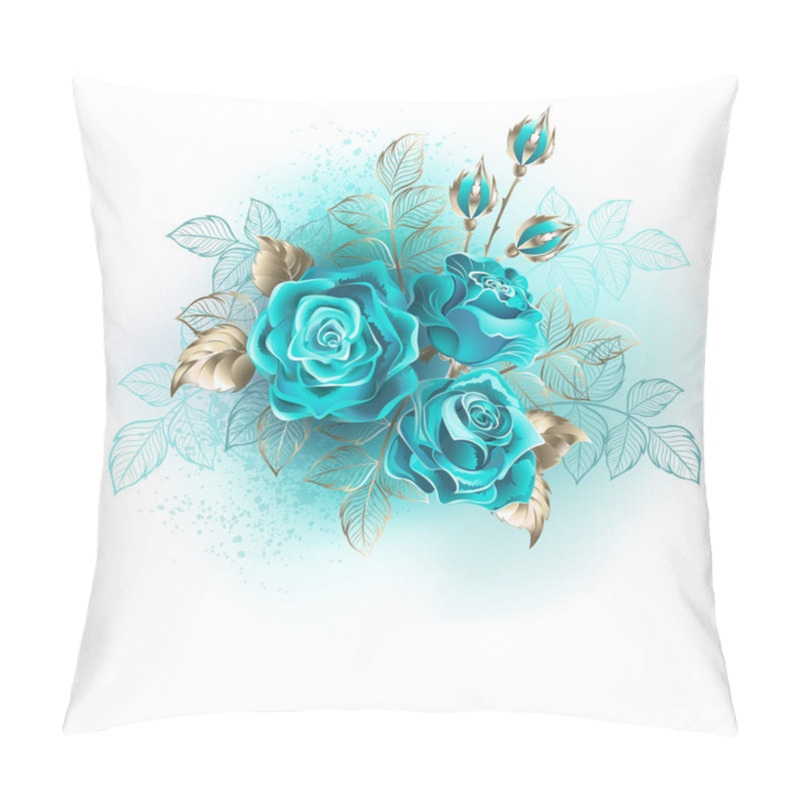 Personality  Bouquet Of Three Turquoise Roses With Gold And Turquoise Leaves On White Background. Pillow Covers