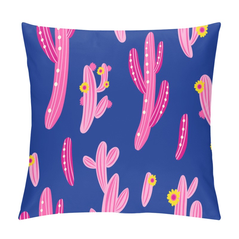 Personality  Vector Seamless Pattern With Cactus On Blue Geometric Background. Summer Plants, Flowers And Leaves. Natural Floral Bright Design. Botanical Illustration. Pillow Covers