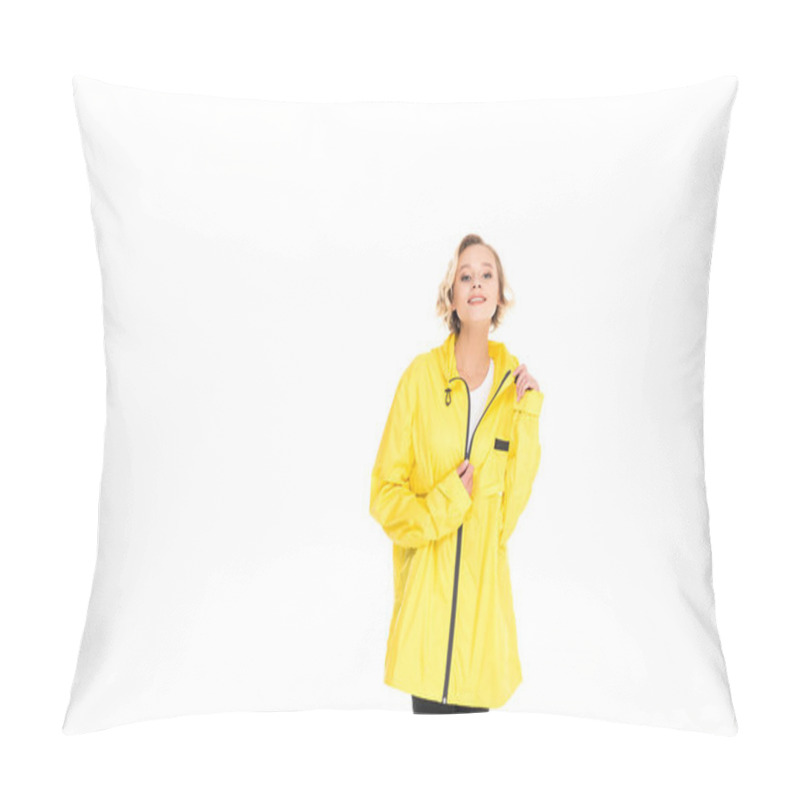 Personality  Portrait Of Beautiful Young Woman In Yellow Raincoat Isolated On White Pillow Covers