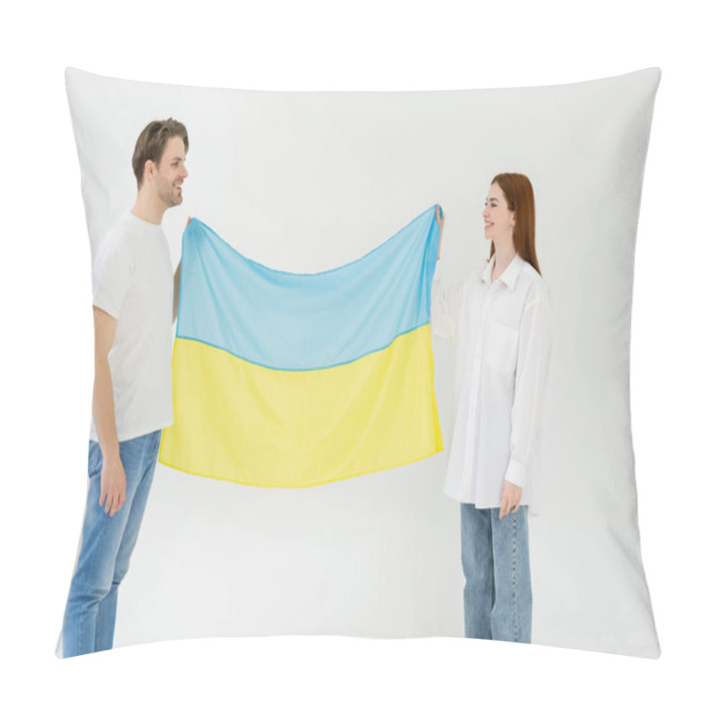 Personality  Smiling Couple Holding Ukrainian Flag Isolated On White  Pillow Covers