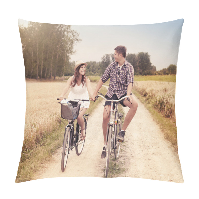 Personality  Happy Couple Cycling Outdoors In Summer Pillow Covers