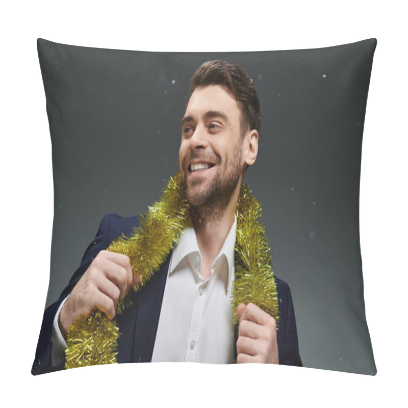 Personality  This Charming Young Man Joyfully Showcases Golden Garlands While Smiling Widely. Pillow Covers