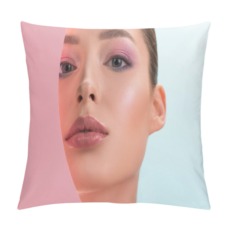 Personality  Portrait Of Beautiful Woman With Shiny Makeup Looking Through Round Paper Hole Isolated On Blue Pillow Covers