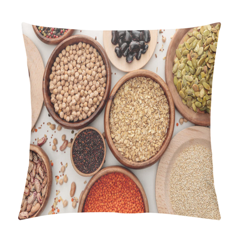 Personality  Top View Of Wooden Bowls With Diverse Beans, Oatmeal, Red Lentil, Peppercorns, Pumpkin Seeds And Chickpea On White Marble Surface With Scattered Grains Pillow Covers