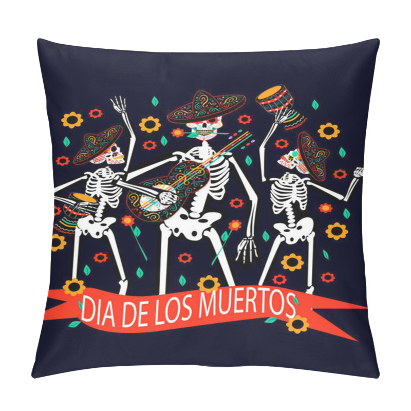 Personality  Day Of The Dead Skull Background With Skulls, Sombreros And Guitar Pillow Covers