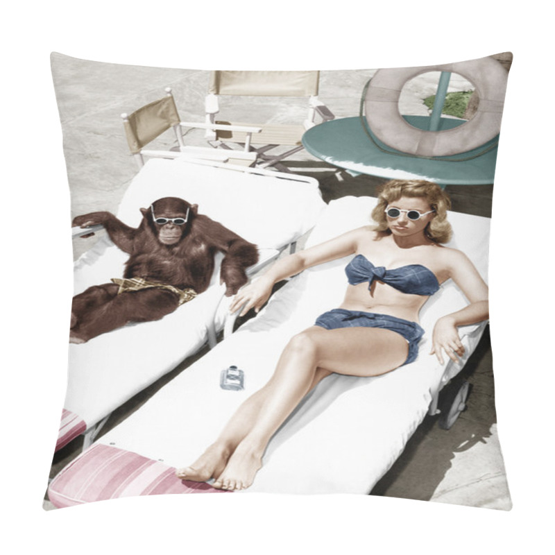 Personality  Chimpanzee And A Woman Sunbathing Pillow Covers