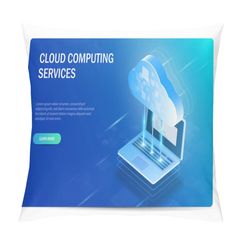 Personality  Cloud Computing Services Isometric Concept. The Process Of Synchronizing Files With A Laptop. Web Site Template. Blue Vector Editable Illustration. Pillow Covers