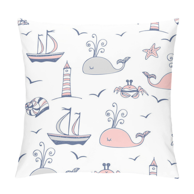 Personality  Seamless Pattern On A Marine Theme With Ships And Whales. Vector. Pillow Covers