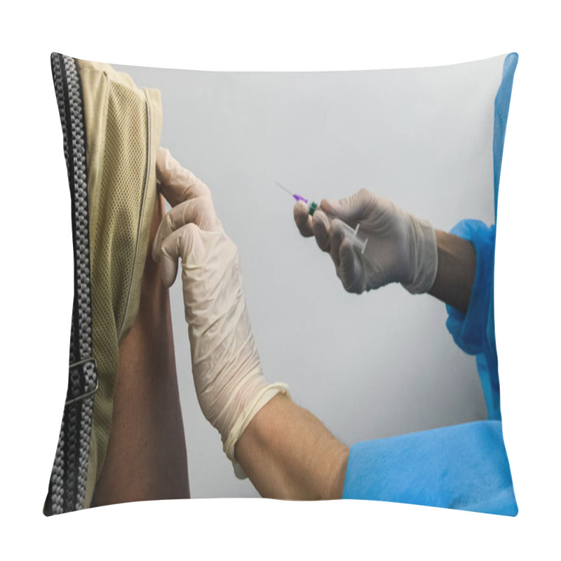 Personality  Close Up Of The Hands Of A Healthcare Worker Who Vaccinates An Elderly Person With A Coronavirus Vaccine. Hands In Protective Gloves Hold A Syringe With The Vaccine. High Quality Photo Pillow Covers