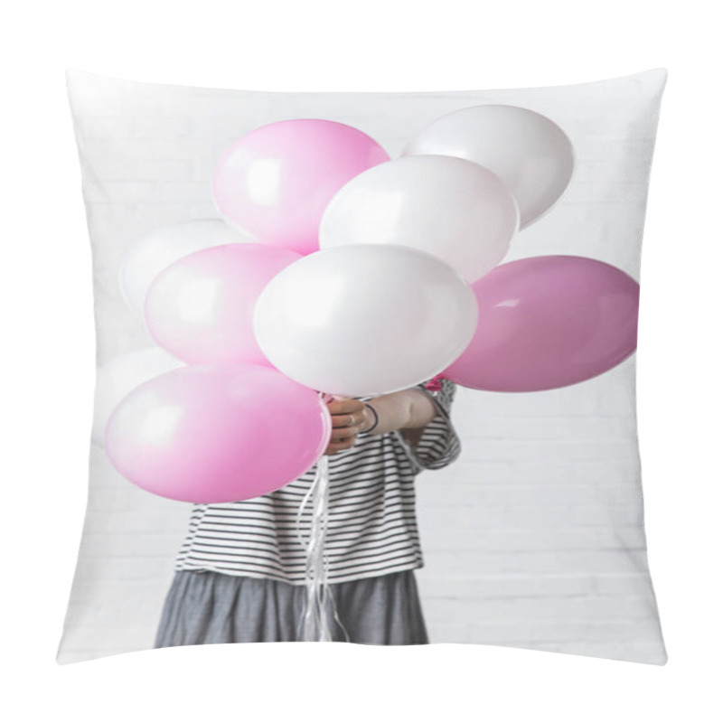 Personality  Woman Holding Pink And White Balloons In Front Of Her Face On White Brick Wall Background Pillow Covers