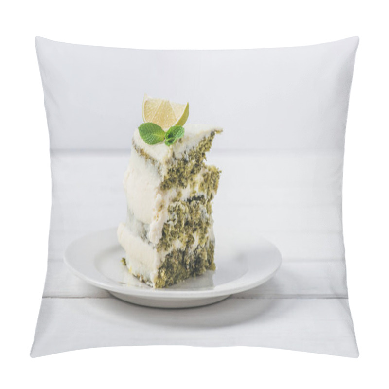 Personality  Piece Of White Cake Decorated With Mint Leaves And Line Slices Isolated On White Pillow Covers