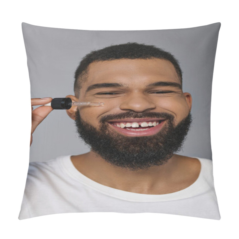 Personality  African American Appealing Young Man With A Beard Holding A Bottle Of Serum. Pillow Covers