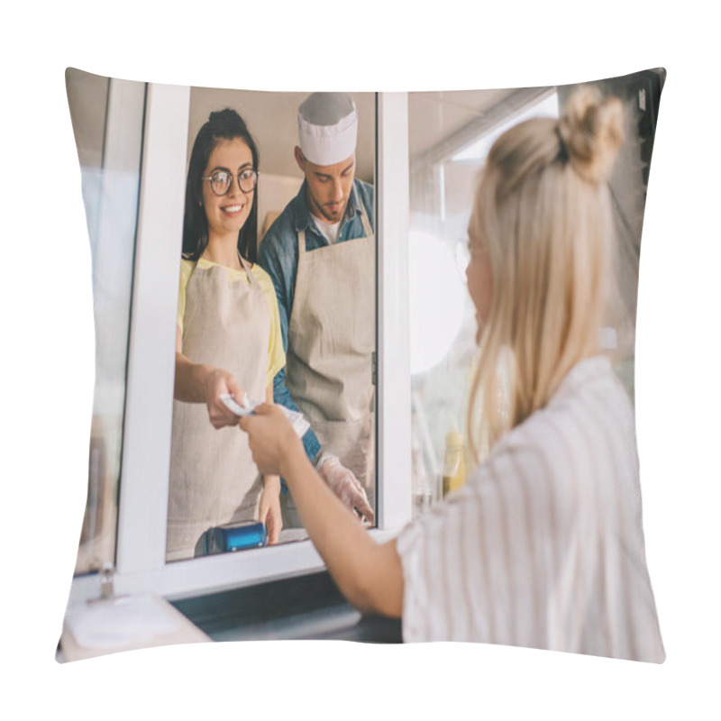 Personality  Young Woman Paying To Smiling Worker In Food Truck  Pillow Covers