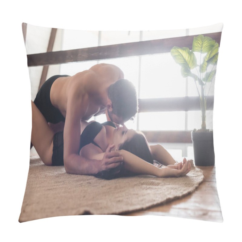 Personality  Shirtless Muscular Man Over Seductive Woman Lying On Floor In Black Underwear Pillow Covers