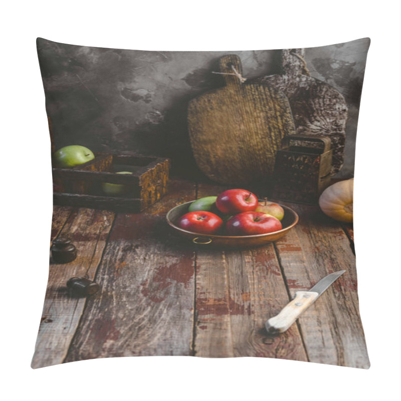 Personality  Cutting Boards, Grater, Pumpkin, Plate With Apples And Knife On Wooden Table  Pillow Covers