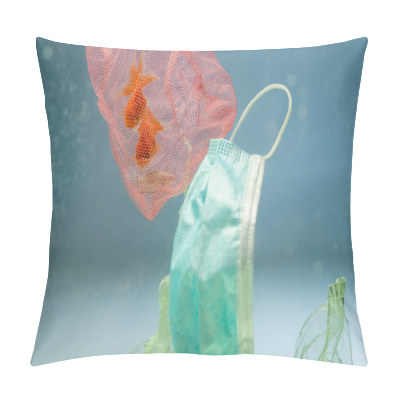 Personality  Net With Goldfishes Near Medical Mask And Cellophane Rubbish In Water, Ecology Concept Pillow Covers