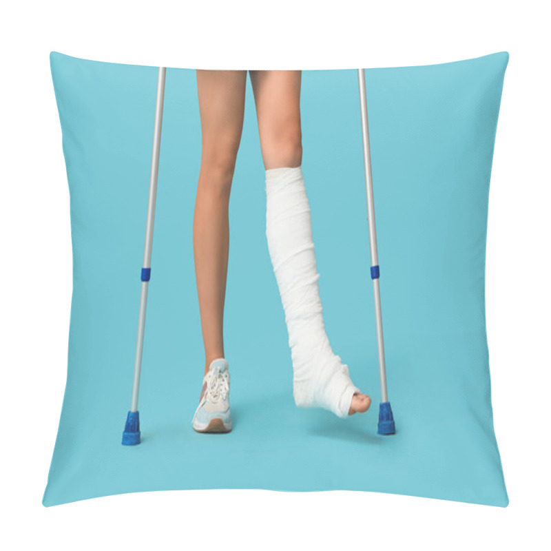 Personality  Young Woman With Broken Leg And Crutches On Blue Background Pillow Covers