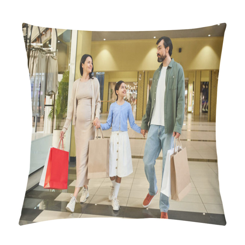 Personality  A Happy Family Walks Together In A Shopping Mall, Carrying Shopping Bags Filled With Purchases. Pillow Covers