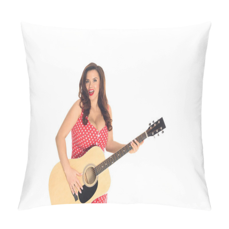 Personality  Artistic Plus Size Woman Playing Acoustic Guitar Isolated On White Pillow Covers