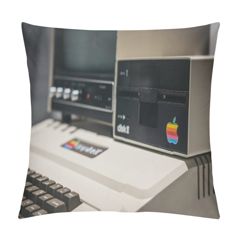 Personality  Prague, Czech Republic - August 28, 2018: Macintosh Apple II Computer On Display Inside Apple Museum In Prague, The Largest Private Collection Of Apple Products Around The World. Pillow Covers