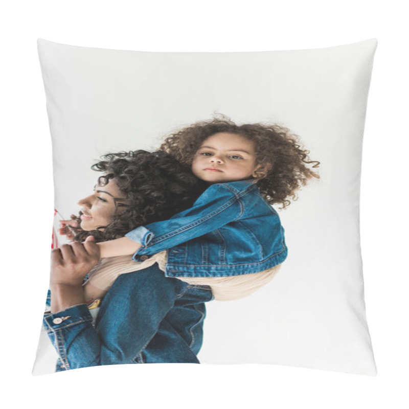 Personality  Daughter Sitting On Shoulders Of Mother Pillow Covers