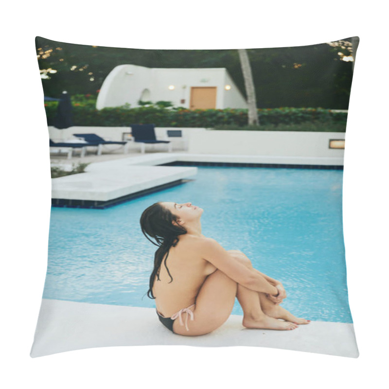 Personality  Seductive And Topless Woman Relaxing Next To Outdoor Swimming Pool With Shimmering Water In Miami, Summer Getaway, Youth, Poolside Relaxation, Bikini, Sexy Brunette, Luxury Resort  Pillow Covers