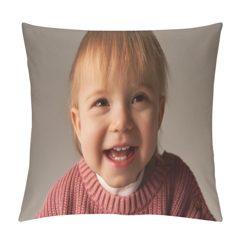 Personality  Portrait Of Cute Baby Girl, Toddler Child, Little Kid In Casual Attire Looking At Camera On Grey Background In Studio, Emotion, Innocence, Toddler Fashion, Stylish Outfit, Sweater, Happiness  Pillow Covers