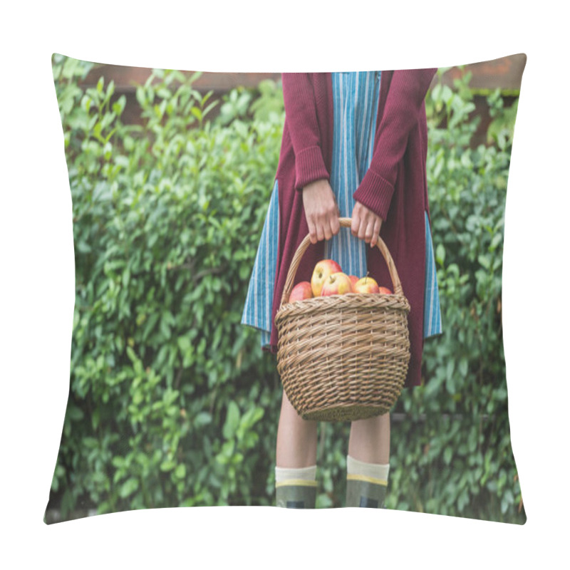 Personality  Midsection View Of Young Woman Holding Wicker Basket With Apples Pillow Covers