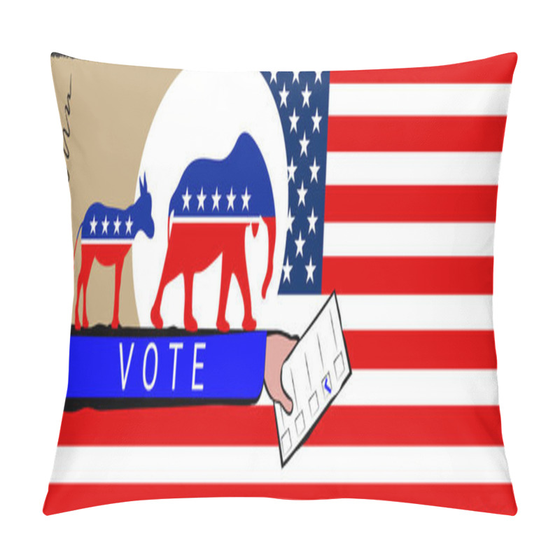 Personality  A Donkey, The Symbol Of The USA Democratic Party, And An Elephant, The Symbol Of The Republican Party, Walk Along The Voter S Hand Against The Background Of The US Flag. Presidential Election In 2024. Pillow Covers