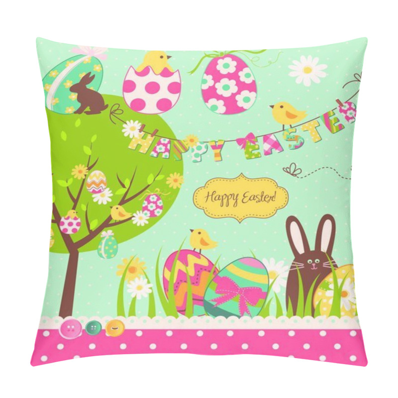 Personality  Easter Extravaganza. Big Easter Set With Cute Chocolate Rabbit, Colourful Eggs, Chicks, Easter Tree And A Clothesline With Letters On It. Ideal For Scrapbooking Pillow Covers